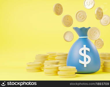 Money bag with dollar cash sack moneybag with dollar coins, Canvas money sacks, business and finance, moneybag and gold coins simple cartoon icon on yellow background, 3D rendering illustration