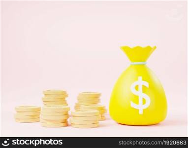 Money bag with dollar cash sack moneybag with dollar coins, Canvas money sacks, business and finance, moneybag and gold coins simple cartoon icon on pink background, 3D rendering illustration