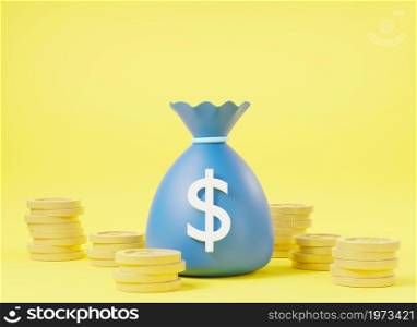 Money bag with dollar cash sack moneybag with dollar coins, Canvas money sacks, business and finance, moneybag and gold coins simple cartoon icon on yellow background, 3D rendering illustration