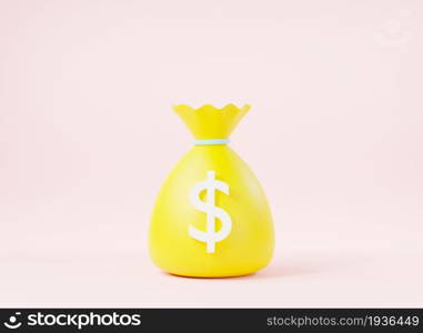 Money bag with dollar icon cash, Canvas money sacks, business and finance, return on investment sign concept, moneybag simple cartoon on pink background, 3D rendering illustration