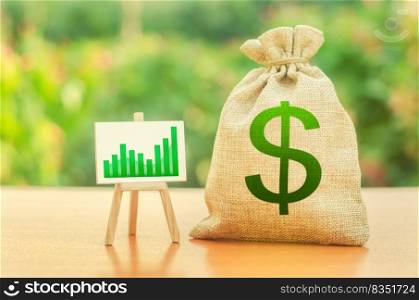 Money bag with dollar symbol and a stand with a green growth trend chart. Increase profits and wealth. growth of wages. Favorable conditions for business. Investment attraction. loans and subsidies