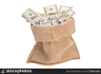 Money bag with dollars isolated on white