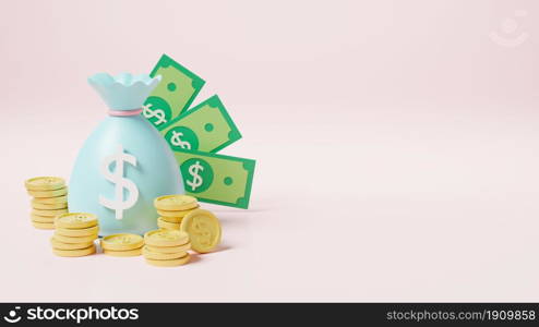 Money bag with stack coins and dollar banknote icon, moneybag savings money or cash sack on pink background, finance earnings profit, 3D rendering illustration