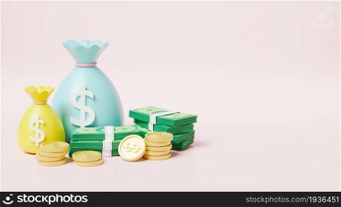Money bag with stack coins and dollar banknote icon, moneybag savings money or cash sack on pink background, finance earnings profit, 3D rendering illustration