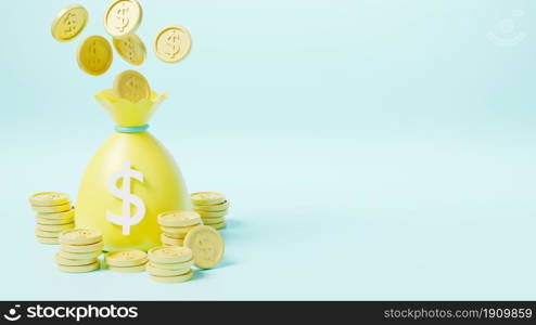 Money bag with stack coins dollar icon, moneybag savings money or cash sack on blue background, finance earnings profit, 3D rendering illustration
