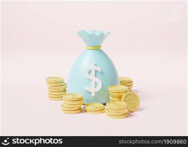 Money bag with stack coins dollar icon, moneybag savings money or cash sack on pink background, finance earnings profit, 3D rendering illustration