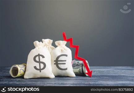 Money bags and red down arrow. Economic difficulties fall. Costs and expenses. Loss money savings. Stagnation, recession, declining business activity, falling wealth. Capital flight, high risks.