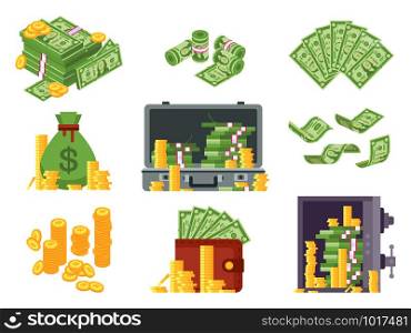 Money banknote. Cash bag, banknotes wallet and dollars heap in safe. Lots dollar piles and gold coins, finance banking bill currency. Isometric vector isolated icons illustration set. Money banknote. Cash bag, banknotes wallet and dollars heap in safe. Lots dollar piles and gold coins isometric vector illustration