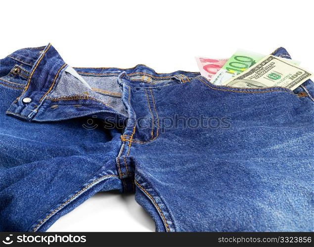 money bills on pocket of a pair of blue jeans