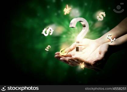 Money cCurrency concept. Hands holding money currency symbols in palms