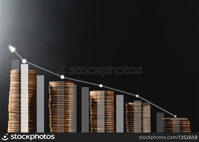 Money coin stack growing business on black background. concept