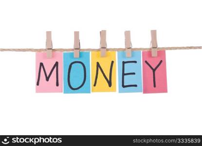 Money, Colorful words hang on rope by wooden peg