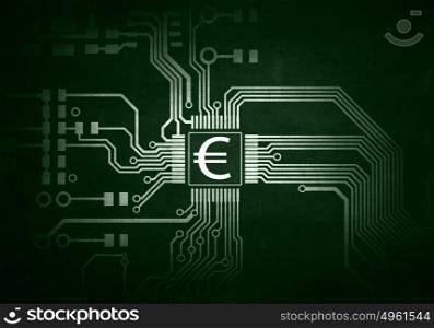 Money concept and curcuit board. Currency background concept with curcuit board and euro sign