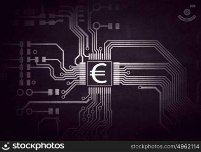 Money concept and curcuit board. Currency background concept with curcuit board and euro sign