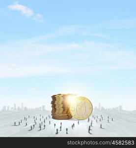 Money concept. Business people and macro stack of euro coins