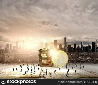 Money concept. Business people and macro stack of euro coins