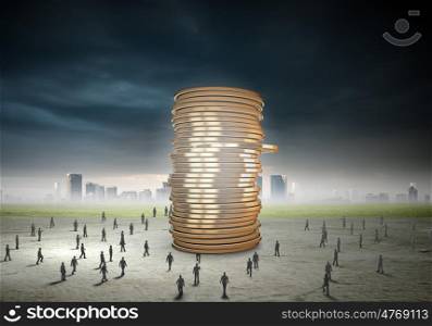 Money concept. Business people and macro stack of euro coins
