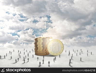 Money concept. Business people and macro stack of euro coins