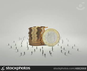 Money concept. Business people and macro stack of euro coins