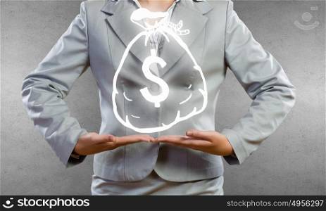 Money concept. Chest view of businesswoman presenting in palms money concept