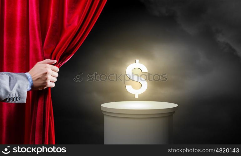 Money concept. Hand of businessman opening red velvet curtain