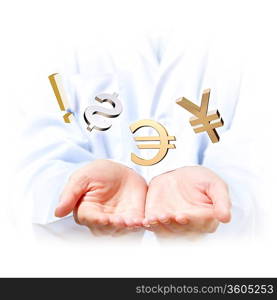 Money concept illustration with human hands and financial symbols