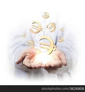 Money concept illustration with human hands and financial symbols