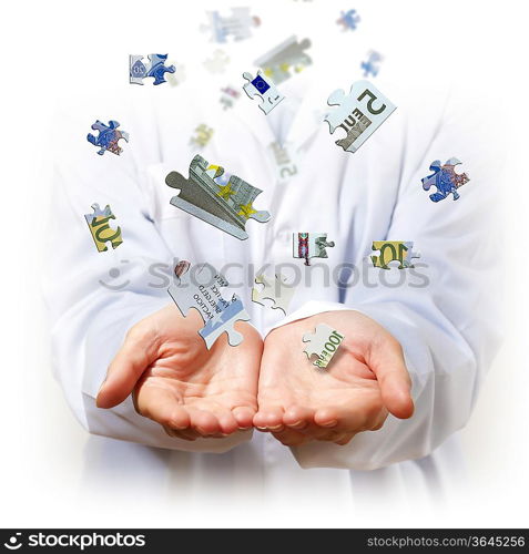 Money concept illustration with human hands and financial symbols