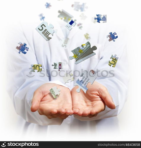 money concepts. Money concept illustration with human hands and financial symbols