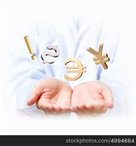 money concepts. Money concept illustration with human hands and financial symbols