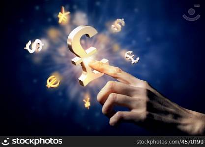Money currency concept. Hand touching money currency symbol with finger