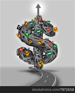 Money decisions business concept with a group of tangled roads and streets with traffic signs shaped as a three dimensional dollar sign as a financial guidance metaphor for the difficult journey and path to wealth and success.