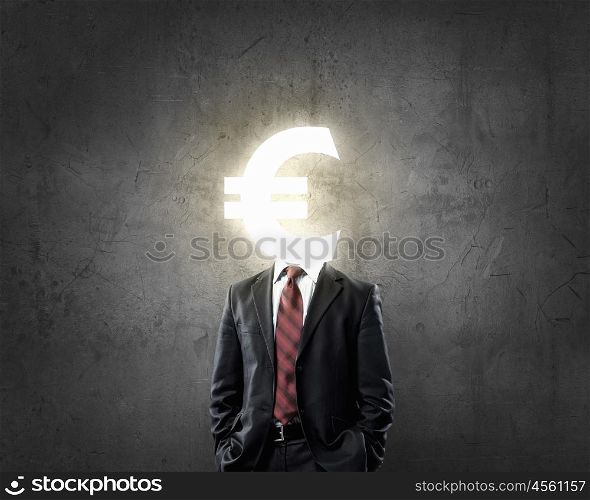 Money earning. Businessman with euro sign instead of head