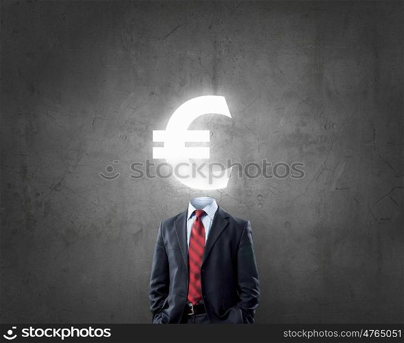 Money earning. Businessman with euro sign instead of head