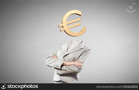 Money earning. Businesswoman with euro sign instead of head