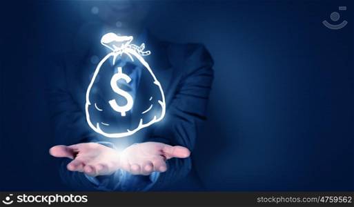 Money earning. Close up of businesswoman hand holding digital dollar sign