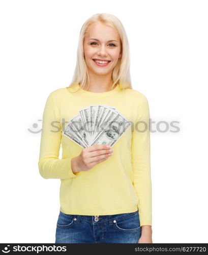 money, finances and people concept - smiling girl with dollar cash money