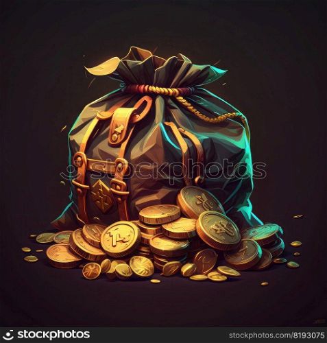 money game treasure bag ai generated. sack icon, chest golden, coin cash money game treasure bag illustration. money game treasure bag ai generated