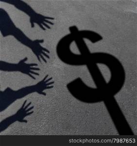 Money grab and human greed concept as cast shadows on pavement of a group of hands reaching for a dollar sign as a symbol of consumer and investor demand or an icon for paying taxes.