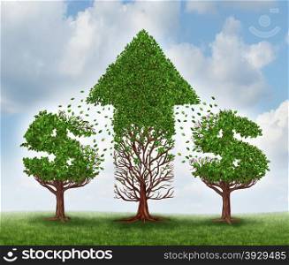 Money growth concept and investing in new business opportunities with future potential to grow as two trees shaped as dollar signs transfering their leaves to another plant that represents an upward arrow of wealth and success.