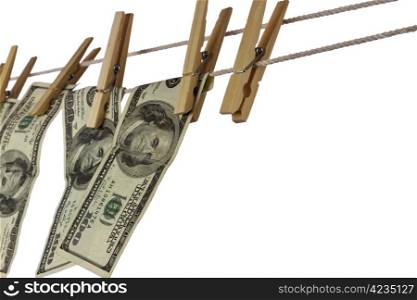 Money hanging on a clothesline isolated on white background with copy space.