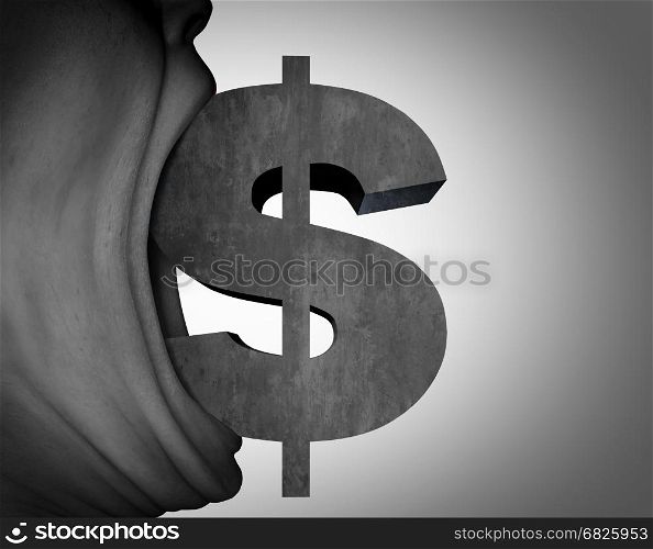 Money hungry and greed or financial advice concept as a greedy mouth with a dollar sign as a payment or wealth metaphor with 3D illustration elements.