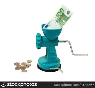 money in a meat grinder isolated on white