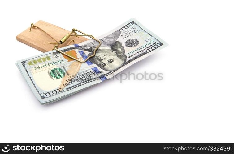 Money in a mousetrap on a white background