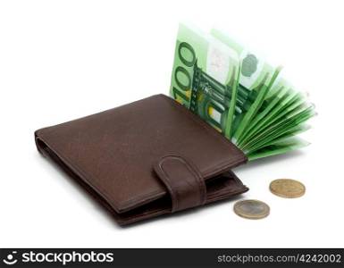 Money in brown wallet isolated on white background