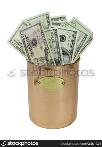 Money in the form of many large bills in a large copper pot - path included