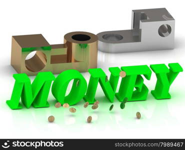 MONEY - inscription of green letters and silver details on white background