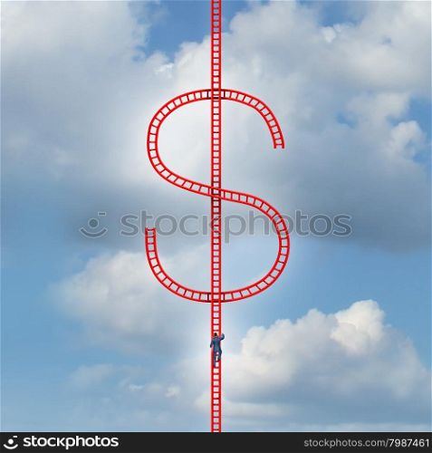 Money ladder success concept as a risk taker businessman climbing a red group of ladders shaped as a dollar symbol as a metaphor for financial gain or finance management strategy.