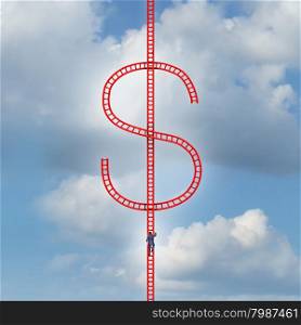 Money ladder success concept as a risk taker businessman climbing a red group of ladders shaped as a dollar symbol as a metaphor for financial gain or finance management strategy.