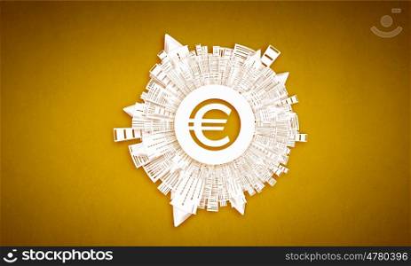 Money making concept. Euro sign with city building around on yellow background